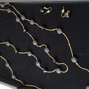 Lava Stone necklace earrings set gold  black Boho